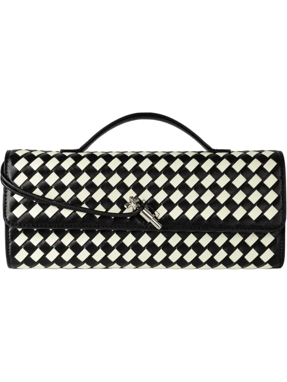 Women Black White Woven Vegan Leather Clutch Purse Formal Evening Crossbody Bag